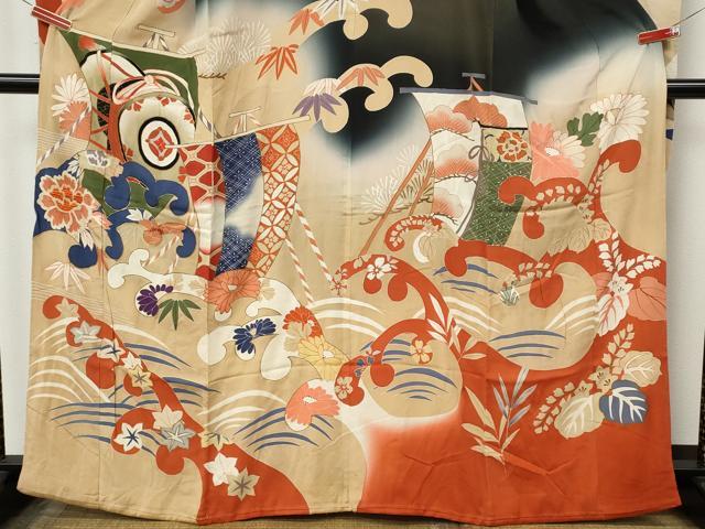 平和屋本店●アンティーク　大正ロマン　振袖　駒刺繍　立波船花文　暈し染め　正絹　逸品　CABL8633ut
