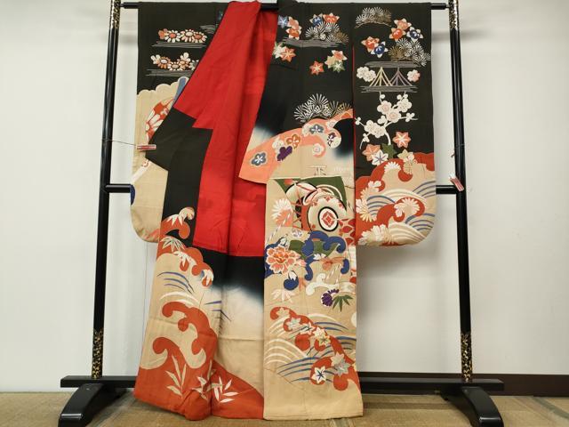 平和屋本店●アンティーク　大正ロマン　振袖　駒刺繍　立波船花文　暈し染め　正絹　逸品　CABL8633ut