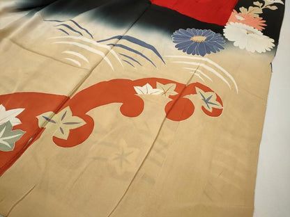 平和屋本店●アンティーク　大正ロマン　振袖　駒刺繍　立波船花文　暈し染め　正絹　逸品　CABL8633ut