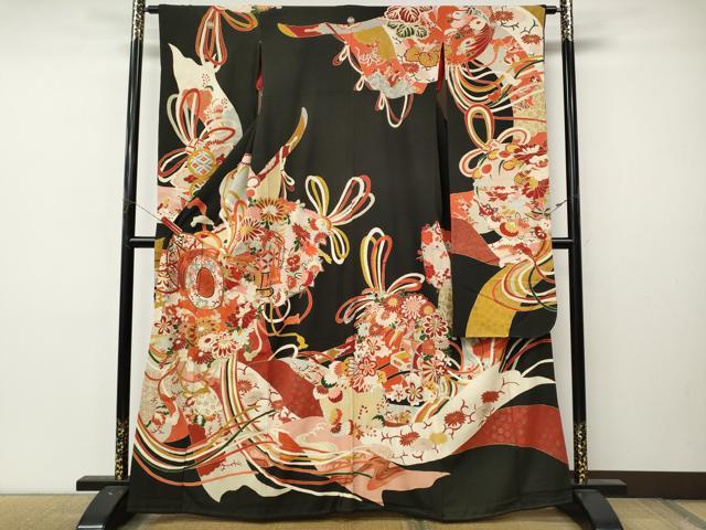 平和屋本店●アンティーク　大正ロマン　振袖　駒刺繍　鼓熨斗花文　金彩　正絹　逸品　CABL8634ut