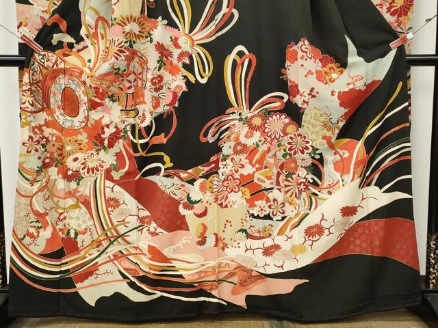 平和屋本店●アンティーク　大正ロマン　振袖　駒刺繍　鼓熨斗花文　金彩　正絹　逸品　CABL8634ut