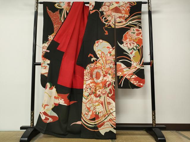 平和屋本店●アンティーク　大正ロマン　振袖　駒刺繍　鼓熨斗花文　金彩　正絹　逸品　CABL8634ut