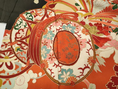 平和屋本店●アンティーク　大正ロマン　振袖　駒刺繍　鼓熨斗花文　金彩　正絹　逸品　CABL8634ut