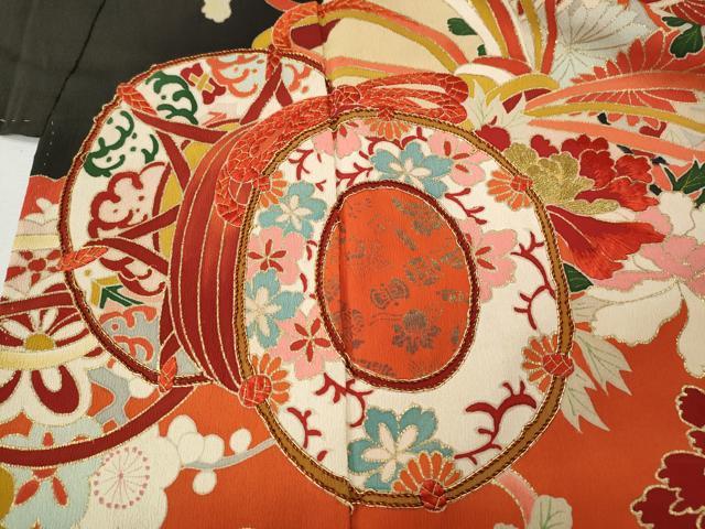 平和屋本店●アンティーク　大正ロマン　振袖　駒刺繍　鼓熨斗花文　金彩　正絹　逸品　CABL8634ut