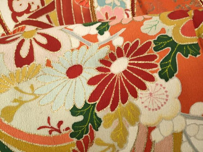 平和屋本店●アンティーク　大正ロマン　振袖　駒刺繍　鼓熨斗花文　金彩　正絹　逸品　CABL8634ut