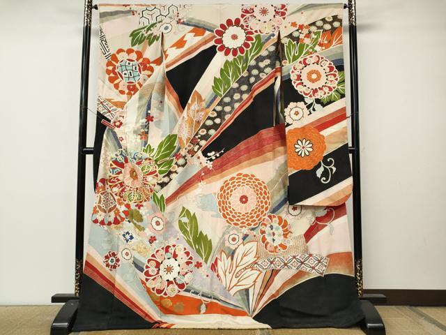 平和屋本店●アンティーク　大正ロマン　振袖　駒刺繍　草花文　金彩　正絹　逸品　CABL8635ut