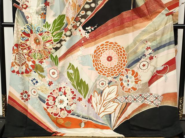 平和屋本店●アンティーク　大正ロマン　振袖　駒刺繍　草花文　金彩　正絹　逸品　CABL8635ut