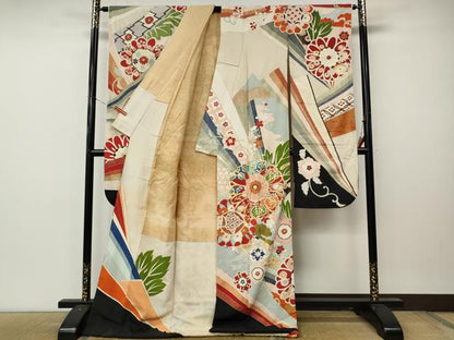 平和屋本店●アンティーク　大正ロマン　振袖　駒刺繍　草花文　金彩　正絹　逸品　CABL8635ut