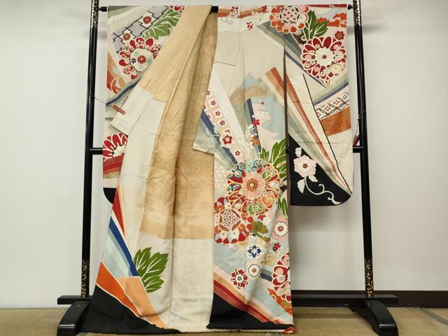 平和屋本店●アンティーク　大正ロマン　振袖　駒刺繍　草花文　金彩　正絹　逸品　CABL8635ut