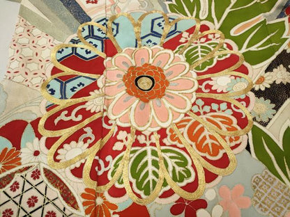平和屋本店●アンティーク　大正ロマン　振袖　駒刺繍　草花文　金彩　正絹　逸品　CABL8635ut