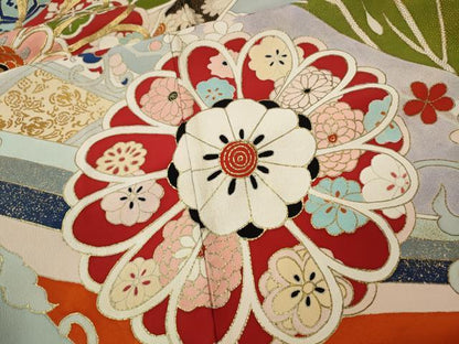 平和屋本店●アンティーク　大正ロマン　振袖　駒刺繍　草花文　金彩　正絹　逸品　CABL8635ut