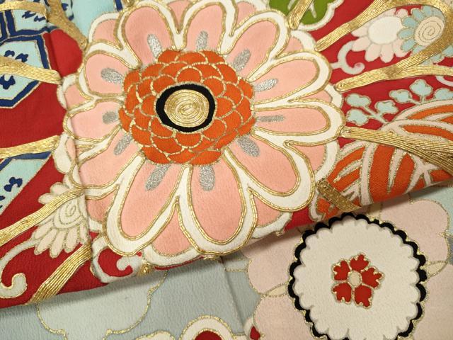 平和屋本店●アンティーク　大正ロマン　振袖　駒刺繍　草花文　金彩　正絹　逸品　CABL8635ut