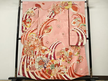 平和屋本店●アンティーク　大正ロマン　振袖　刺繍　貝合せ立波花文　金彩　正絹　逸品　CABL8636ut