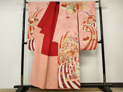 平和屋本店●アンティーク　大正ロマン　振袖　刺繍　貝合せ立波花文　金彩　正絹　逸品　CABL8636ut