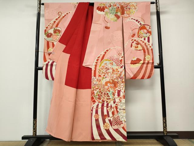 平和屋本店●アンティーク　大正ロマン　振袖　刺繍　貝合せ立波花文　金彩　正絹　逸品　CABL8636ut