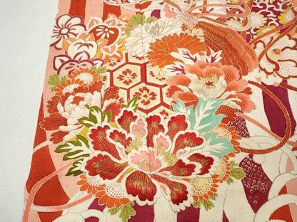 平和屋本店●アンティーク　大正ロマン　振袖　刺繍　貝合せ立波花文　金彩　正絹　逸品　CABL8636ut