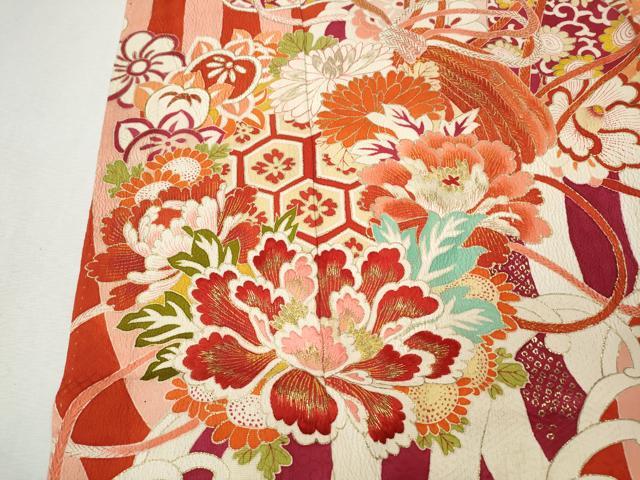 平和屋本店●アンティーク　大正ロマン　振袖　刺繍　貝合せ立波花文　金彩　正絹　逸品　CABL8636ut