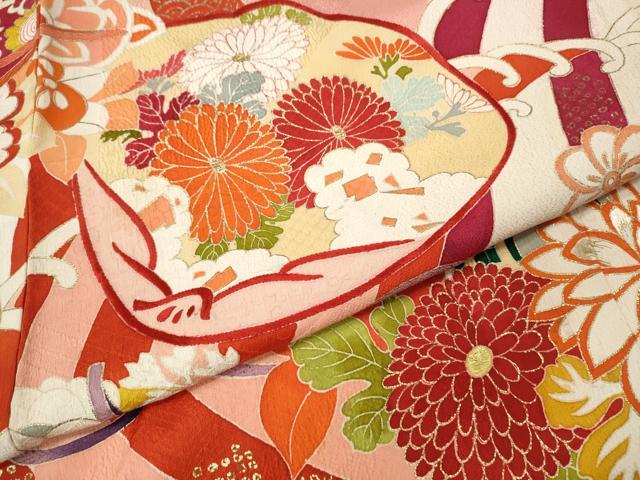 平和屋本店●アンティーク　大正ロマン　振袖　刺繍　貝合せ立波花文　金彩　正絹　逸品　CABL8636ut