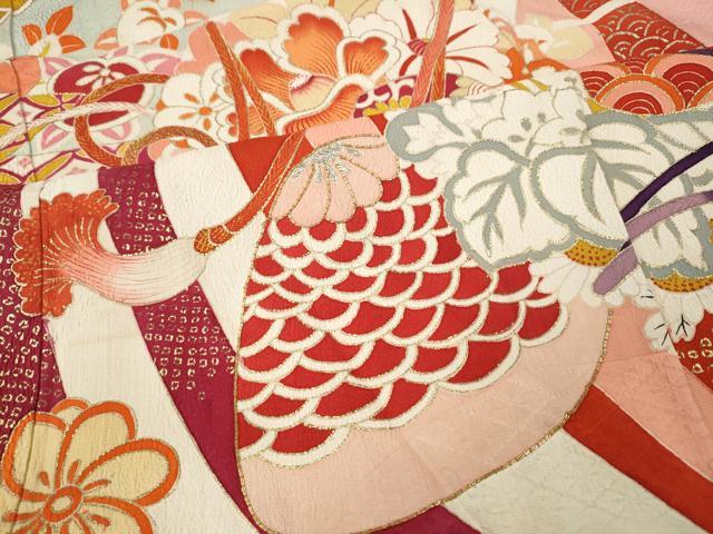 平和屋本店●アンティーク　大正ロマン　振袖　刺繍　貝合せ立波花文　金彩　正絹　逸品　CABL8636ut