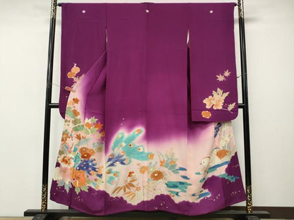 平和屋本店●アンティーク　大正ロマン　振袖　刺繍　孔雀花文　金彩　正絹　逸品　CABL8637ut
