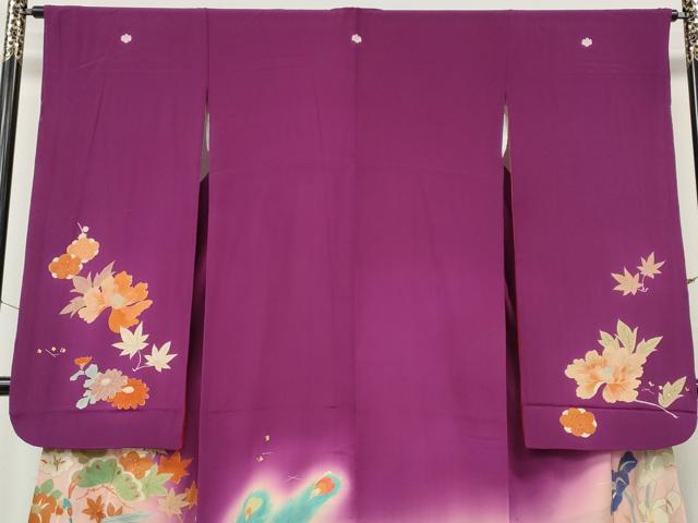 平和屋本店●アンティーク　大正ロマン　振袖　刺繍　孔雀花文　金彩　正絹　逸品　CABL8637ut