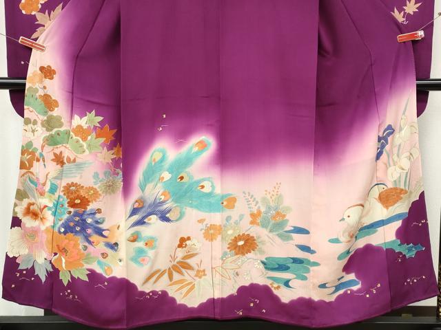 平和屋本店●アンティーク　大正ロマン　振袖　刺繍　孔雀花文　金彩　正絹　逸品　CABL8637ut