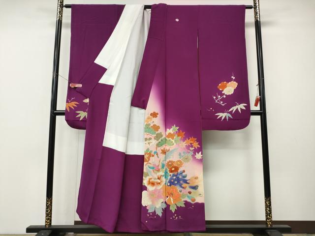 平和屋本店●アンティーク　大正ロマン　振袖　刺繍　孔雀花文　金彩　正絹　逸品　CABL8637ut