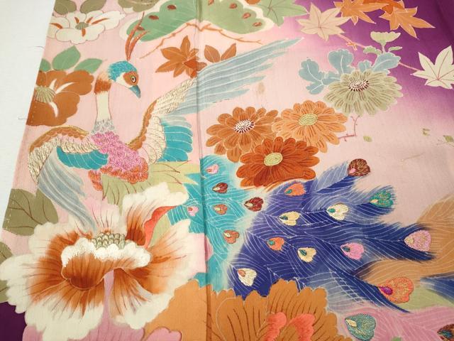 平和屋本店●アンティーク　大正ロマン　振袖　刺繍　孔雀花文　金彩　正絹　逸品　CABL8637ut