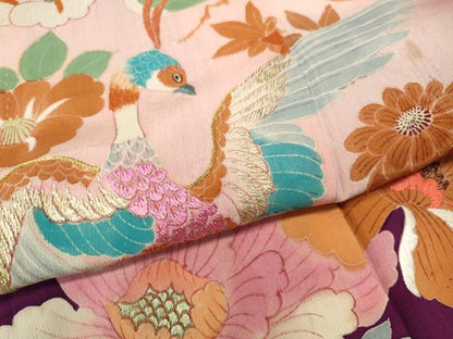 平和屋本店●アンティーク　大正ロマン　振袖　刺繍　孔雀花文　金彩　正絹　逸品　CABL8637ut