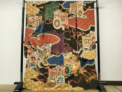 平和屋本店●アンティーク　大正ロマン　振袖　刺繍　御所車花文　金彩　正絹　逸品　CABL8638ut