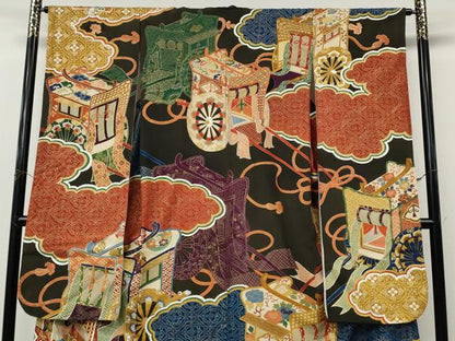 平和屋本店●アンティーク　大正ロマン　振袖　刺繍　御所車花文　金彩　正絹　逸品　CABL8638ut