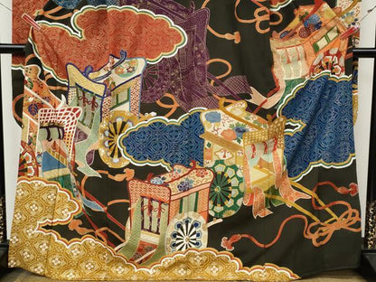 平和屋本店●アンティーク　大正ロマン　振袖　刺繍　御所車花文　金彩　正絹　逸品　CABL8638ut