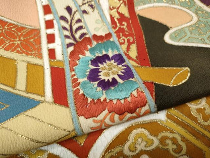 平和屋本店●アンティーク　大正ロマン　振袖　刺繍　御所車花文　金彩　正絹　逸品　CABL8638ut