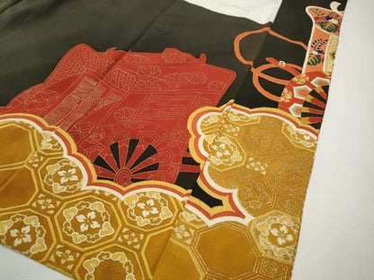 平和屋本店●アンティーク　大正ロマン　振袖　刺繍　御所車花文　金彩　正絹　逸品　CABL8638ut