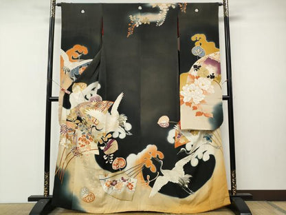 平和屋本店●アンティーク　大正ロマン　振袖　刺繍　飛鶴扇面花文　暈し染め　正絹　逸品　CABL8639ut