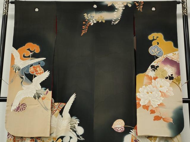平和屋本店●アンティーク　大正ロマン　振袖　刺繍　飛鶴扇面花文　暈し染め　正絹　逸品　CABL8639ut