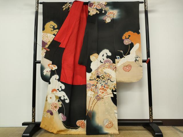 平和屋本店●アンティーク　大正ロマン　振袖　刺繍　飛鶴扇面花文　暈し染め　正絹　逸品　CABL8639ut