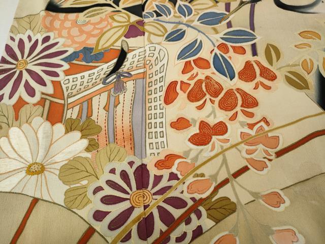平和屋本店●アンティーク　大正ロマン　振袖　刺繍　飛鶴扇面花文　暈し染め　正絹　逸品　CABL8639ut
