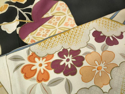 平和屋本店●アンティーク　大正ロマン　振袖　刺繍　飛鶴扇面花文　暈し染め　正絹　逸品　CABL8639ut