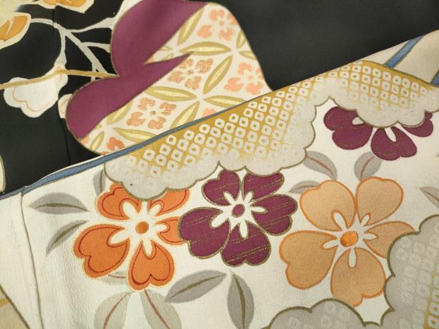 平和屋本店●アンティーク　大正ロマン　振袖　刺繍　飛鶴扇面花文　暈し染め　正絹　逸品　CABL8639ut