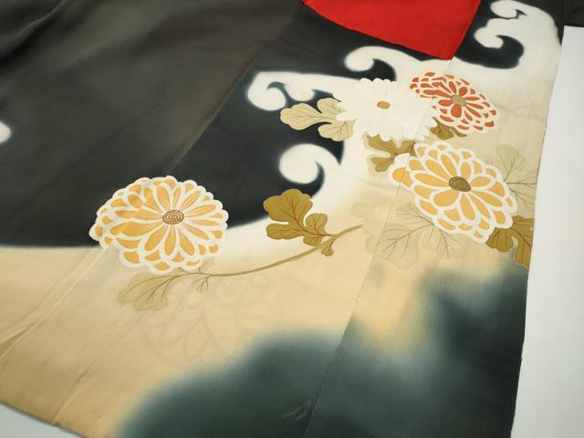 平和屋本店●アンティーク　大正ロマン　振袖　刺繍　飛鶴扇面花文　暈し染め　正絹　逸品　CABL8639ut