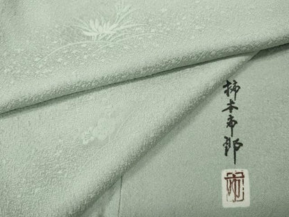 平和屋着物●本加賀友禅作家　柿本市郎監修　色無地　草花地紋　青磁鼠色　正絹　逸品　CABL8667ut