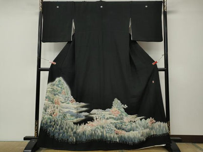 平和屋着物●本加賀友禅作家　束藤岳　黒留袖　風景草花文　暈し染め　正絹　逸品　CABL8675ut