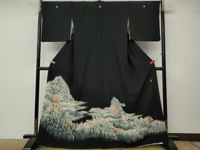平和屋着物●本加賀友禅作家　束藤岳　黒留袖　風景草花文　暈し染め　正絹　逸品　CABL8675ut