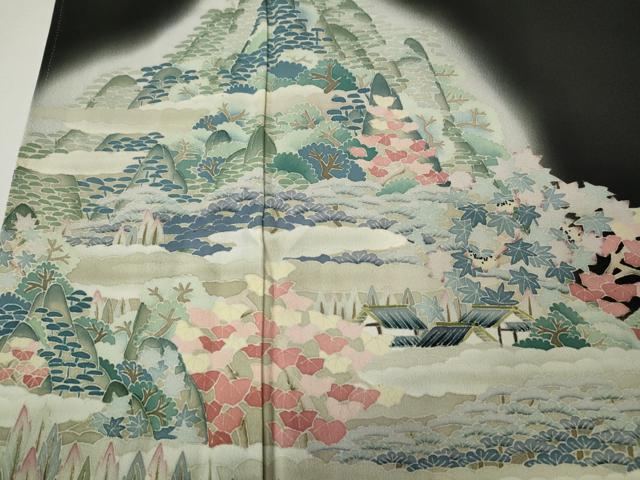 平和屋着物●本加賀友禅作家　束藤岳　黒留袖　風景草花文　暈し染め　正絹　逸品　CABL8675ut