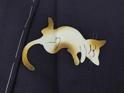 平和屋着物●染色作家　草野一騎　色無地　ワンポイント　猫　濃鼠色　正絹　逸品　未使用　CABL8707ut