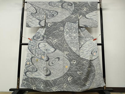 平和屋着物●訪問着　大渕隆二　駒刺繍　千鳥立波文　金彩　正絹　逸品　CABL8734ut