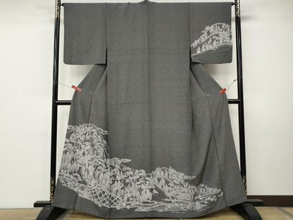 平和屋着物●訪問着　江戸小紋　風景樹林文　黒地　正絹　逸品　CABL8736ut
