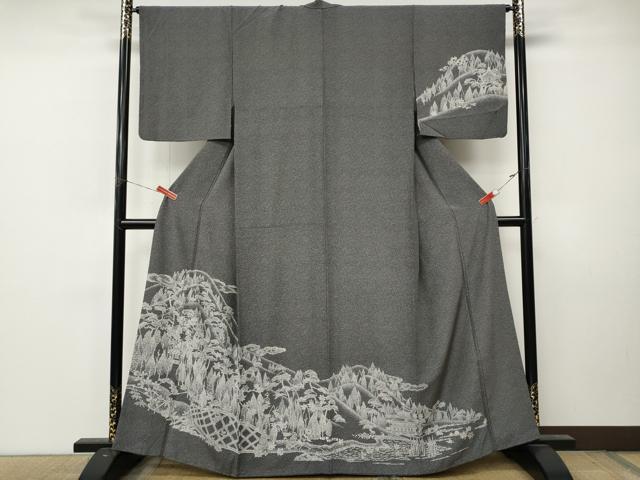 平和屋着物●訪問着　江戸小紋　風景樹林文　黒地　正絹　逸品　CABL8736ut