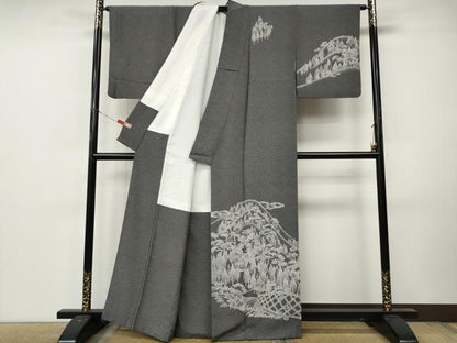 平和屋着物●訪問着　江戸小紋　風景樹林文　黒地　正絹　逸品　CABL8736ut